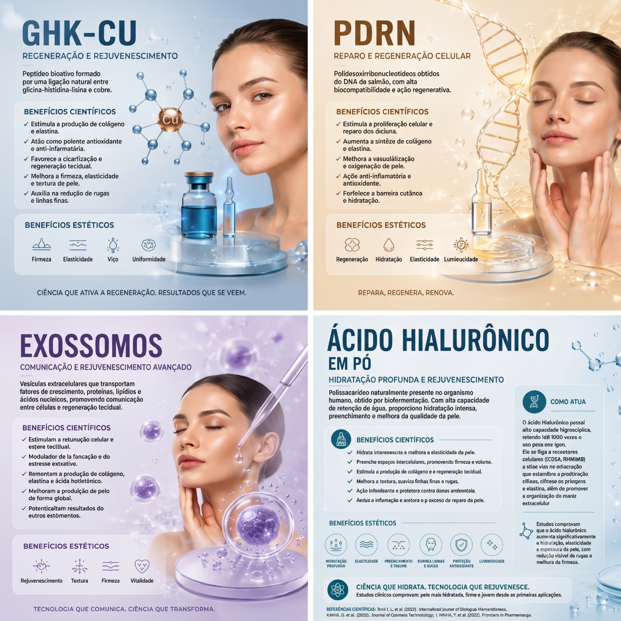 Ativos regenerativos: GHK-Cu, PDRN, Exossomos e Ácido Hialurônico em pó
